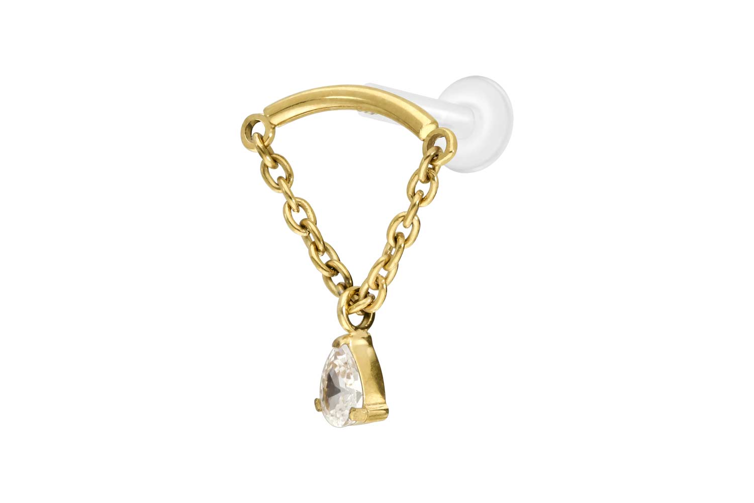 PTFE Labret Piercing mit Innengewinde + Titan-Aufsatz BOGEN + KETTE + KRISTALLTROPFEN